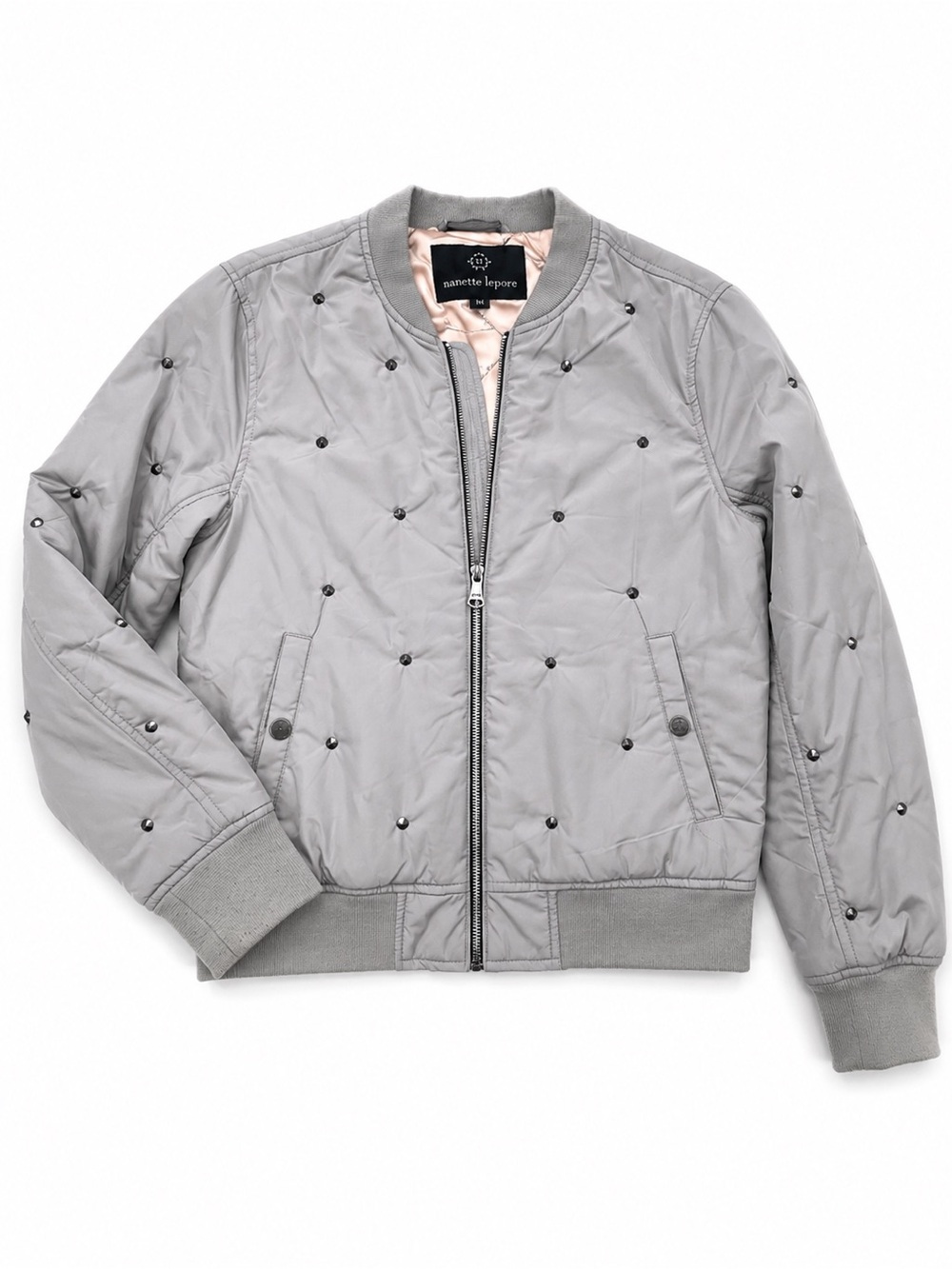 Nanette Lepore Studded Quilted Bomber Jacket Gray Women’s Medium Y2K Moto